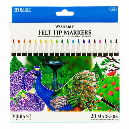 BAZIC PRODUCTS Bazic  Felt Tip Washable Markers, Assorted Color - Set of 20 1293